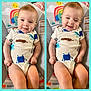 baby, child, smiling, infant, onesie, baby_chair, colorful, patterned_clothing, happy, cute, indoors, seated, portrait, playful, rainbow, animal_print, comfort, young_child, two_images, light_background