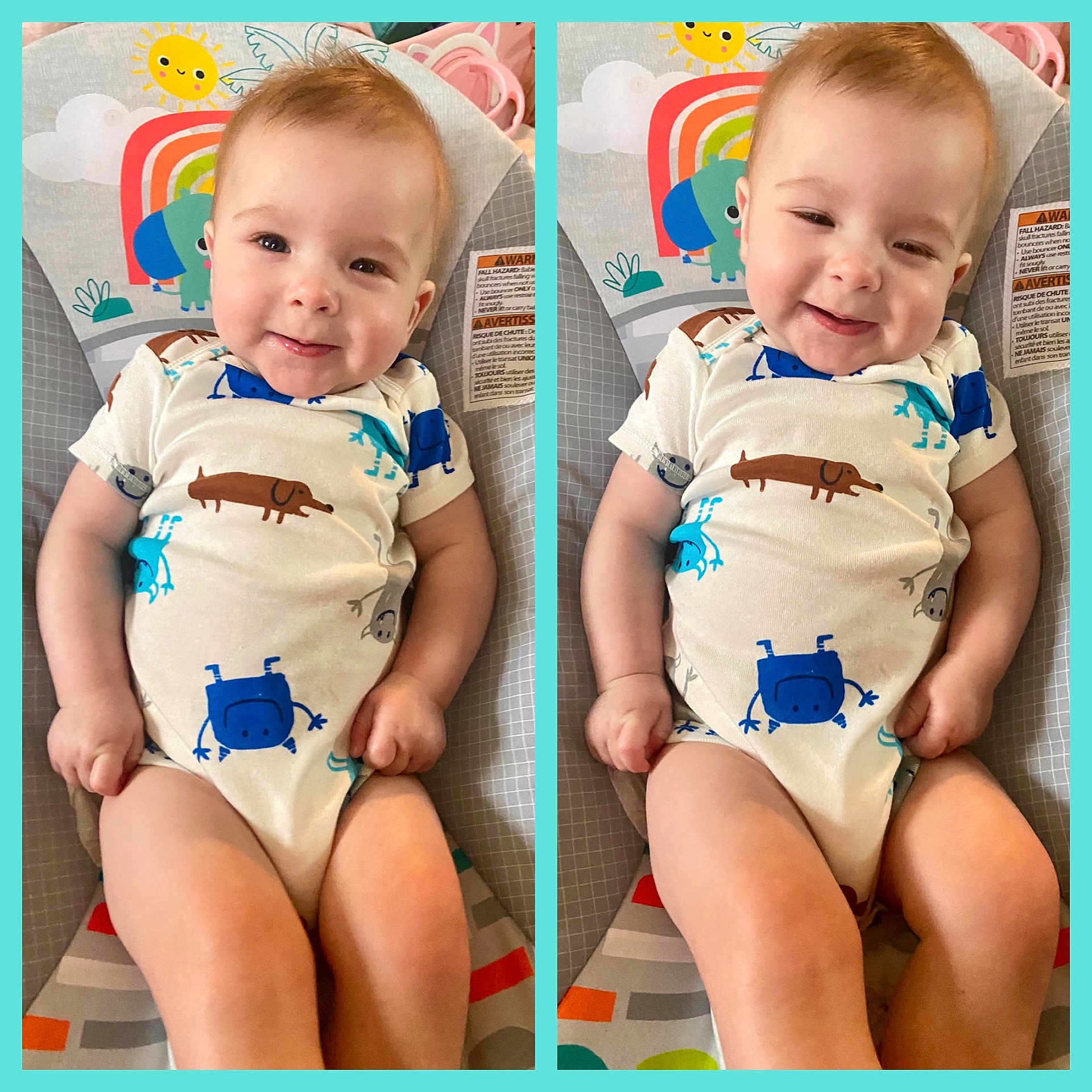 Holden joined the competition — help win amazing prizes! baby, child, smiling, infant, onesie, baby_chair, colorful, patterned_clothing, happy, cute, indoors, seated, portrait, playful, rainbow, animal_print, comfort, young_child, two_images, light_background