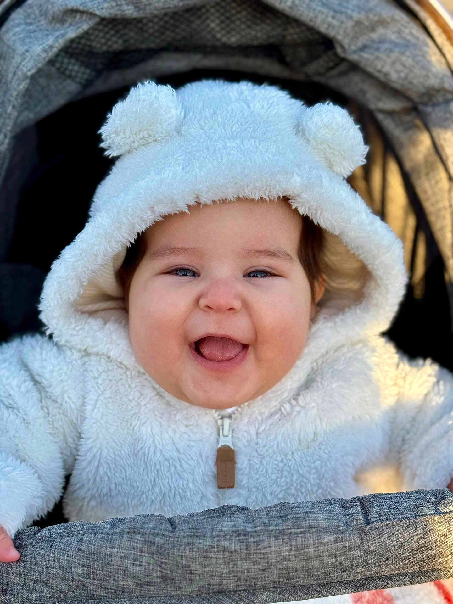 Adhara is registered to the contest to win money with this photo: baby, smiling, hoodie, white_clothing, baby_clothing, happy, face, child, infant, stroller, cute, outdoor, warm_clothing, portrait, baby_face, baby_smile, cozy, soft_texture, baby_boy, baby_girl