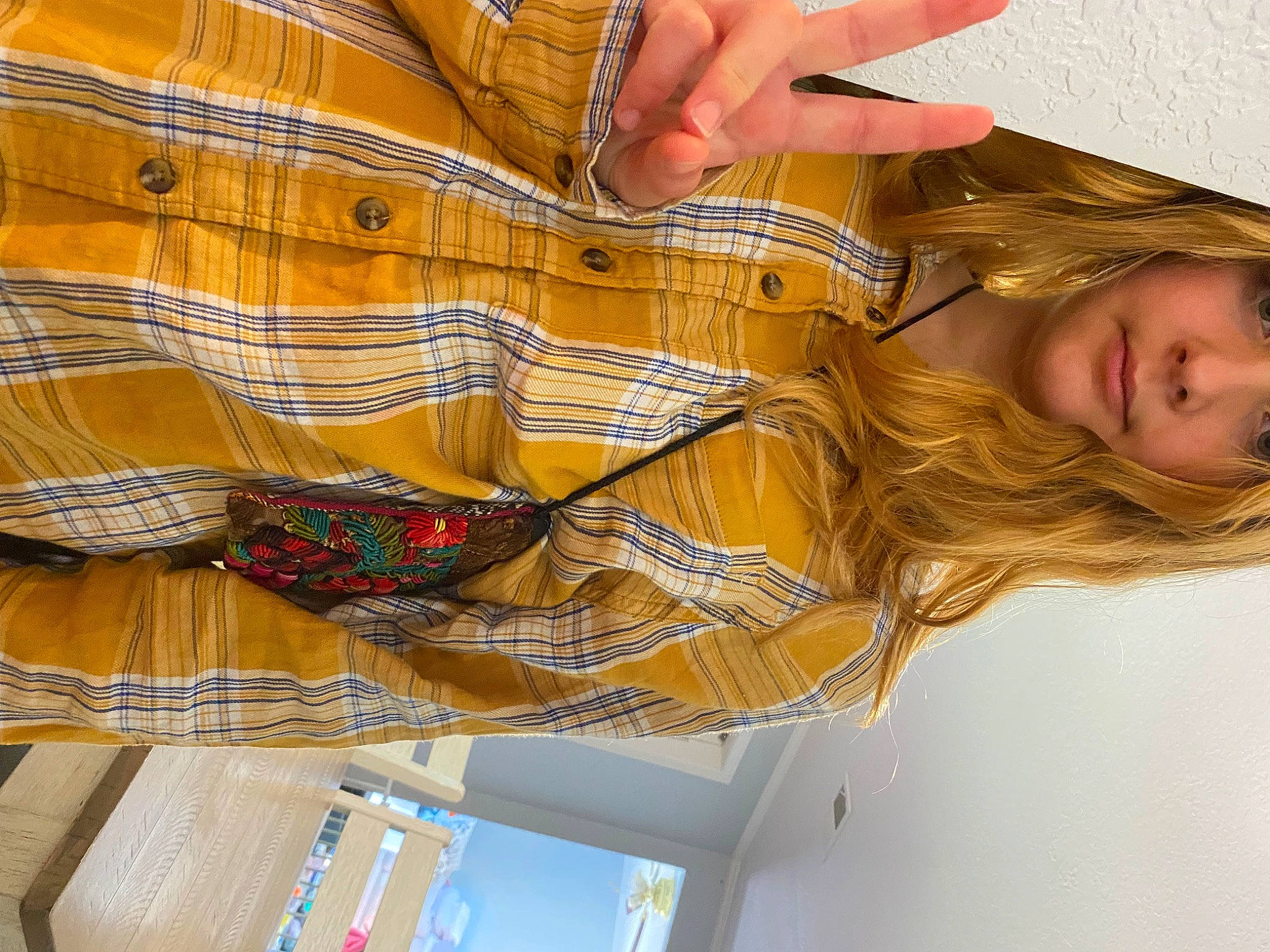 Hanna joined the competition — help win amazing prizes! abdomen, button, collar, dress_shirt, fashion_accessory, fashion_design, gesture, happy, headwear, orange, pattern, peach, person, plaid, shoulder_bag, sleeve, smile, tartan, textile, waist