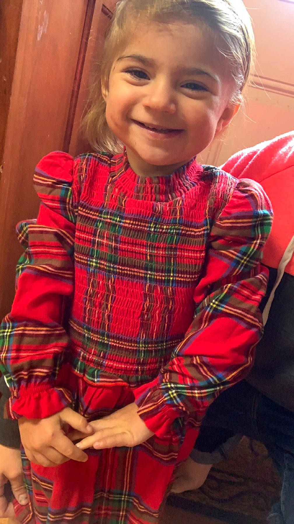 Zaria joined the competition — help win amazing prizes! baby, baby_toddler_clothing, cheek, dress, eye, face, happy, head, joy, lip, nose, pattern, person, plaid, red, skin, sleeve, smile, tartan, textile