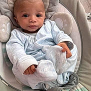 Jaylen joined the competition — help win amazing prizes! baby, infant, child, blue_clothing, cushion, seat, face, hands, eyes, blanket, indoor, soft_toys, baby_garment, cute, portrait, newborn, relaxed, comfort, expression, young