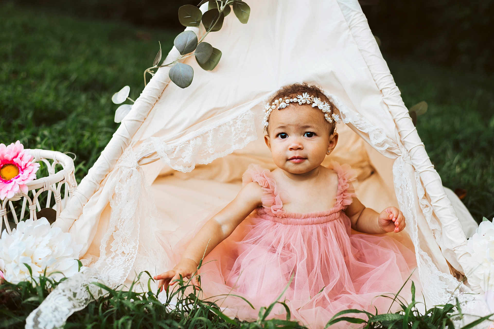 Caríelle joined the competition — help win amazing prizes! toddler, child, pink_dress, headband, tent, lace, grass, flowers, outdoor, portrait, baby, cute, nature, garden, sitting, person, greenery, flower_basket, innocent, soft_lighting