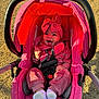 baby, infant, stroller, pink, headband, smiling, happy, outdoor, grass, sunlight, clothing, seatbelt, child, cute, person, baby_clothes, footwear, car_seat, portrait, baby_bow