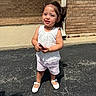 Rose joined the competition — help win amazing prizes! child, toddler, girl, portrait, outdoor, standing, smiling, white_dress, shorts, hair_bow, white_shoes, makeup_tube, driveway, brick_wall, house, sunlight, shadow, fashion, full_body, happy