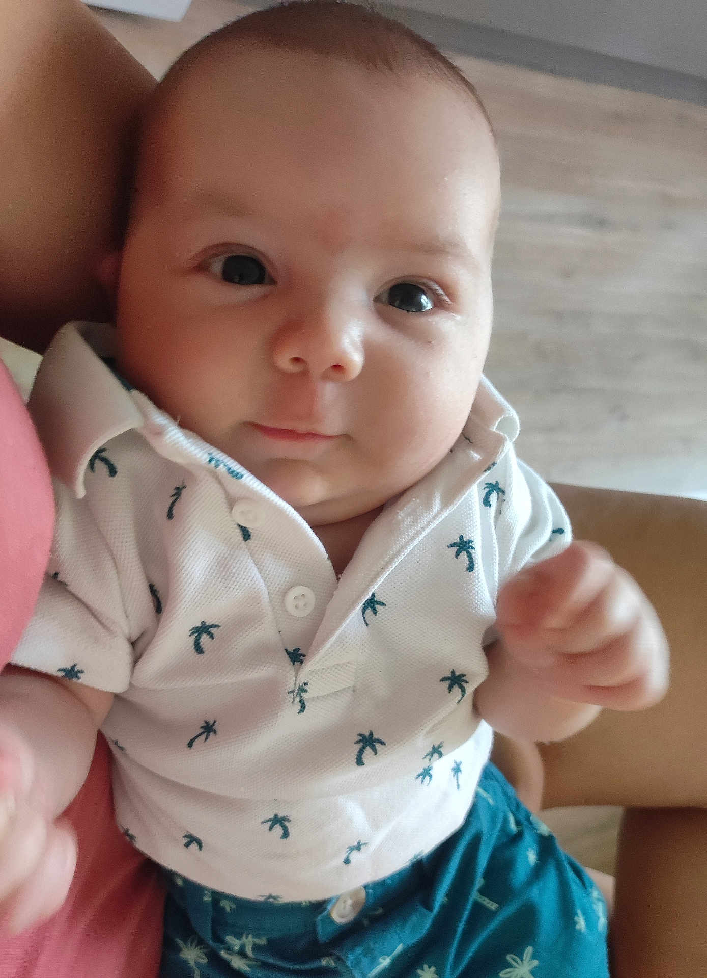 Maël participe au concours pour gagner de l'argent avec cette photo : baby, infant, child, face, eyes, shirt, palm_tree_pattern, shorts, clothing, person, portrait, close_up, cute, skin, hand, holding, indoor, floor, casual, expression