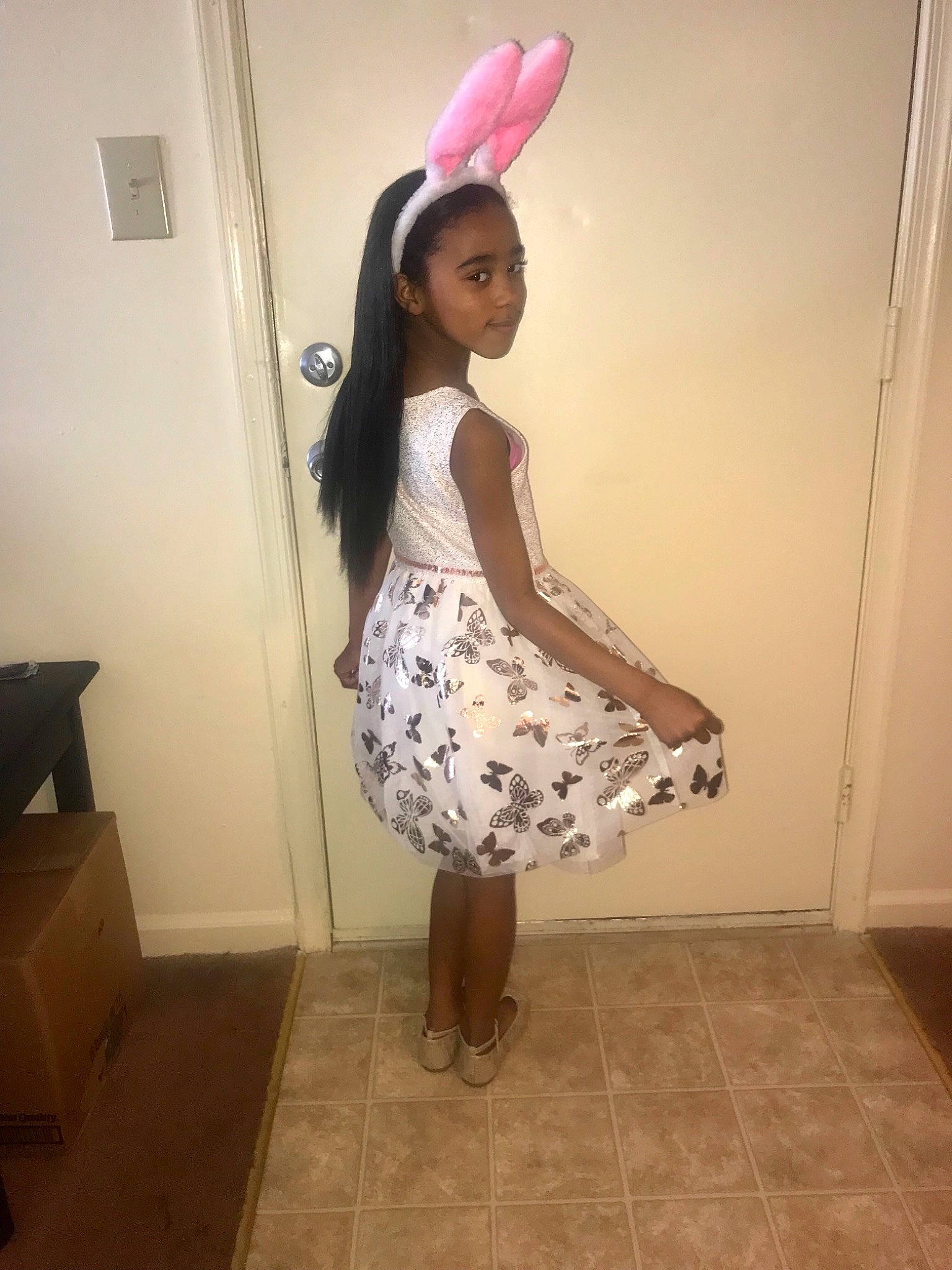 Jade joined the competition — help win amazing prizes! abdomen, black_hair, clothing, costume, day, design, dress, girl, hair_accessory, joint, leg, long_hair, pattern, person, pink, shoulder, snapshot, textile, thigh, trunk