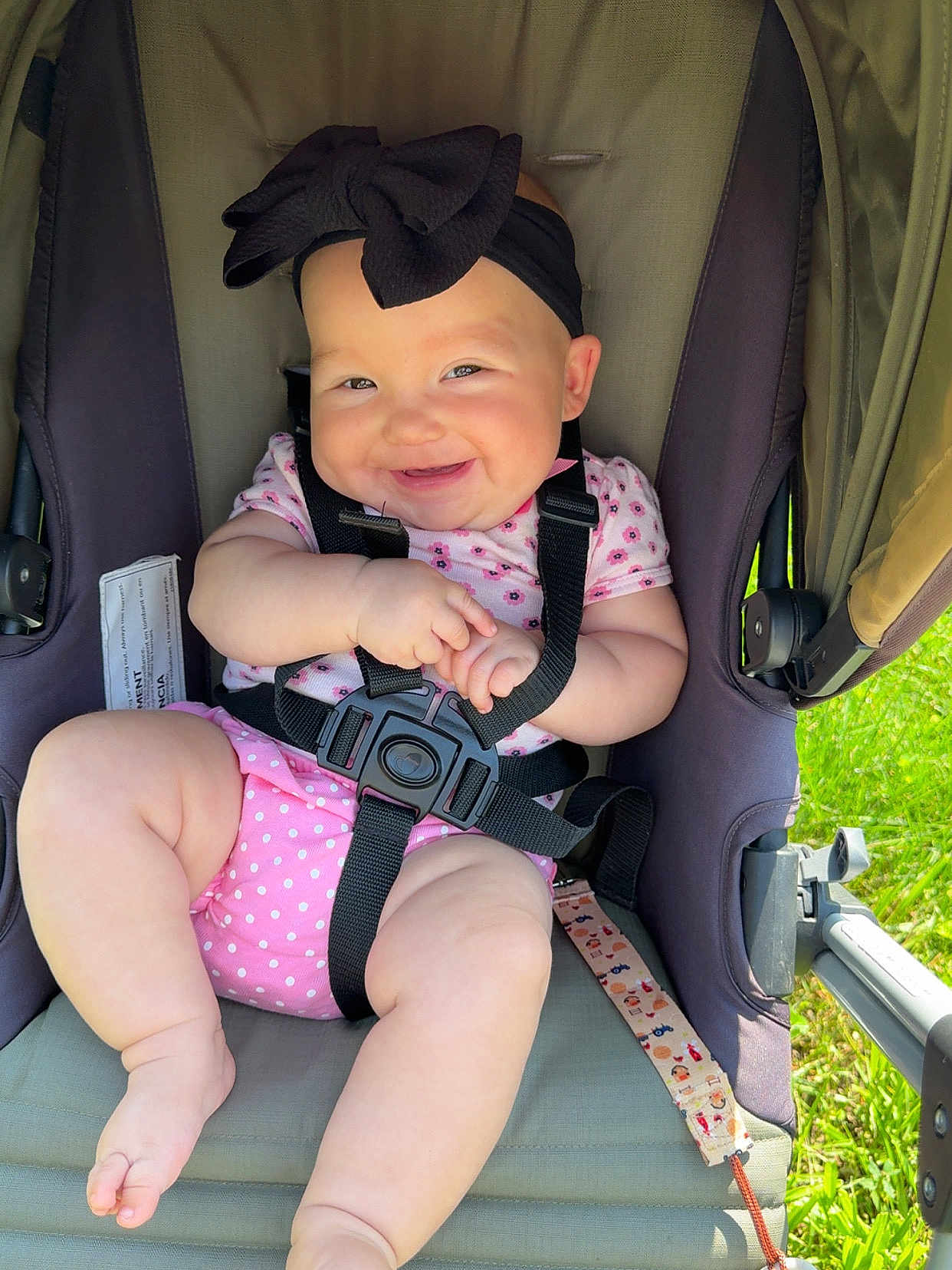 Azucena joined the competition — help win amazing prizes! baby, child, smiling, stroller, black_bow, headband, pink_clothing, polka_dot, baby_harness, outdoor, grass, sunlight, cute, chubby_legs, infant, happy, person, seat, safety_strap, portrait
