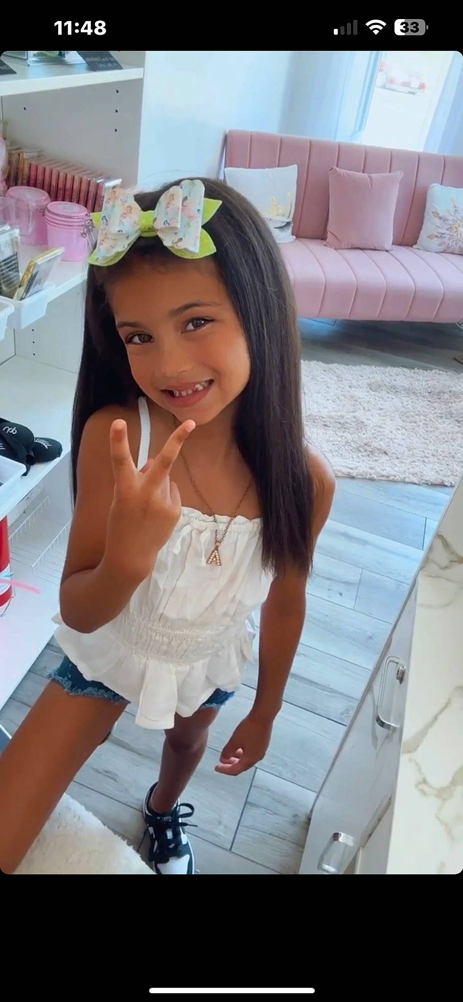 Armani joined the competition — help win amazing prizes! black_hair, cabinetry, cap, eyelash, fashion_accessory, hairstyle, happy, headband, headpiece, hime_cut, human_leg, jewellery, joy, long_hair, person, pink, room, skin, smile, thigh