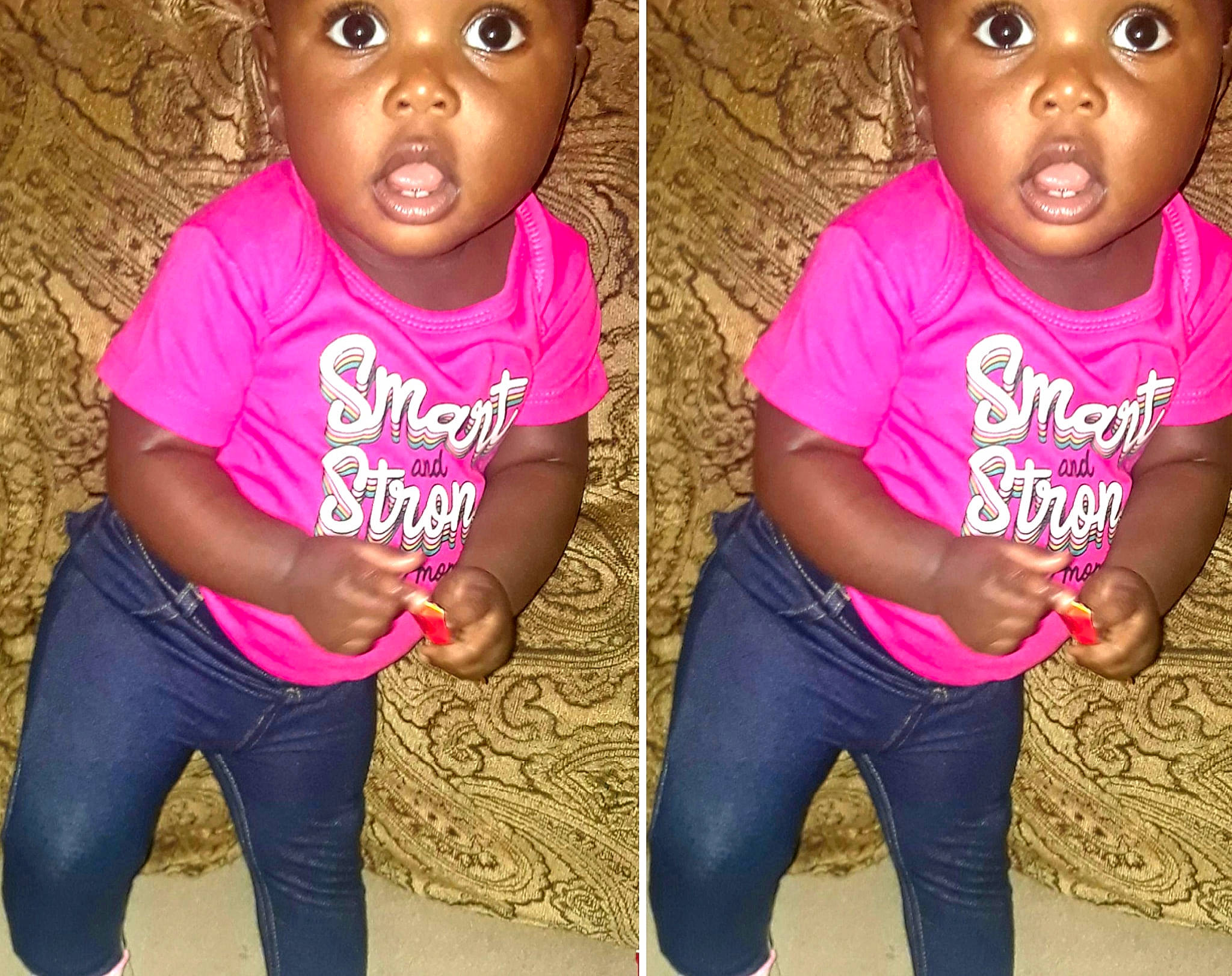 Honestly is registered to the contest to win money with this photo: child, child_model, cool, face, fun, hairstyle, happy, head, jeans, nose, people, person, pink, play, smile, t_shirt, toddler, top