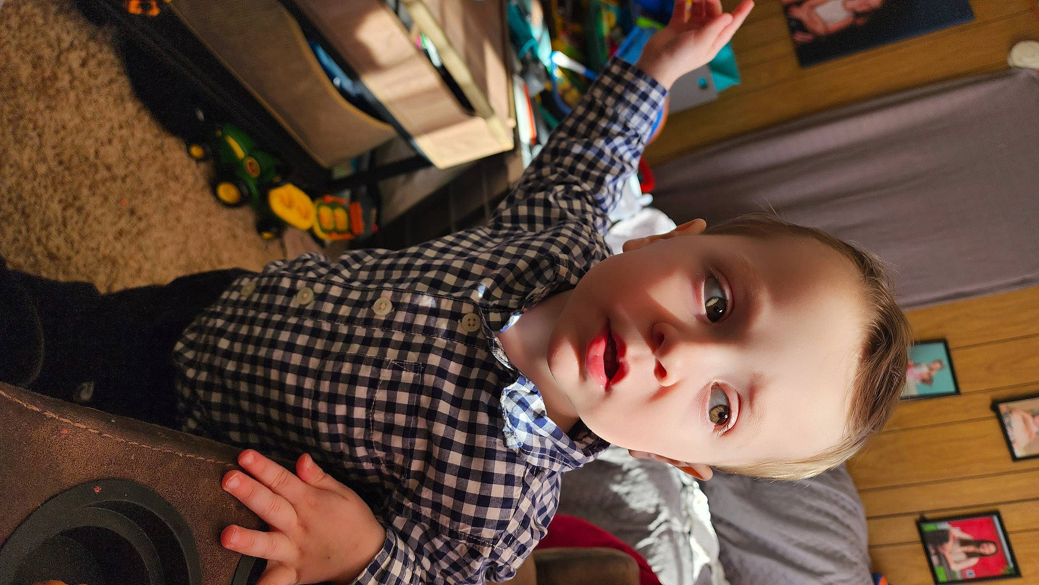 Jaxen joined the competition — help win amazing prizes! audio_equipment, baby, black_hair, child, cool, design, fun, happy, house, leisure, pattern, person, plaid, room, sitting, toddler, tree