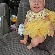 Taurus joined the competition — help win amazing prizes! baby, infant, smiling, yellow_tutu, headband, winnie_the_pooh, car_seat, clothing, cute, happy, child, portrait, footwear, barefoot, person, indoor, seat, fabric, baby_girl, cute_outfit