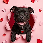 Mercades is registered to the contest to win money with this photo: dog, black_dog, heart, paper, pink_background, red_hearts, cute, pet, happy, smiling, collar, portrait, animal, love, valentine, bursting_through, playful, cheerful, studio, closeup