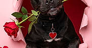 Mercades joined the competition — help win amazing prizes! dog, black_dog, rose, heart, pink_background, paper_tear, valentine, romantic, pet, cute, love, collar, heart_tag, portrait, animal, flower, adorable, studio_shot, playful, decor