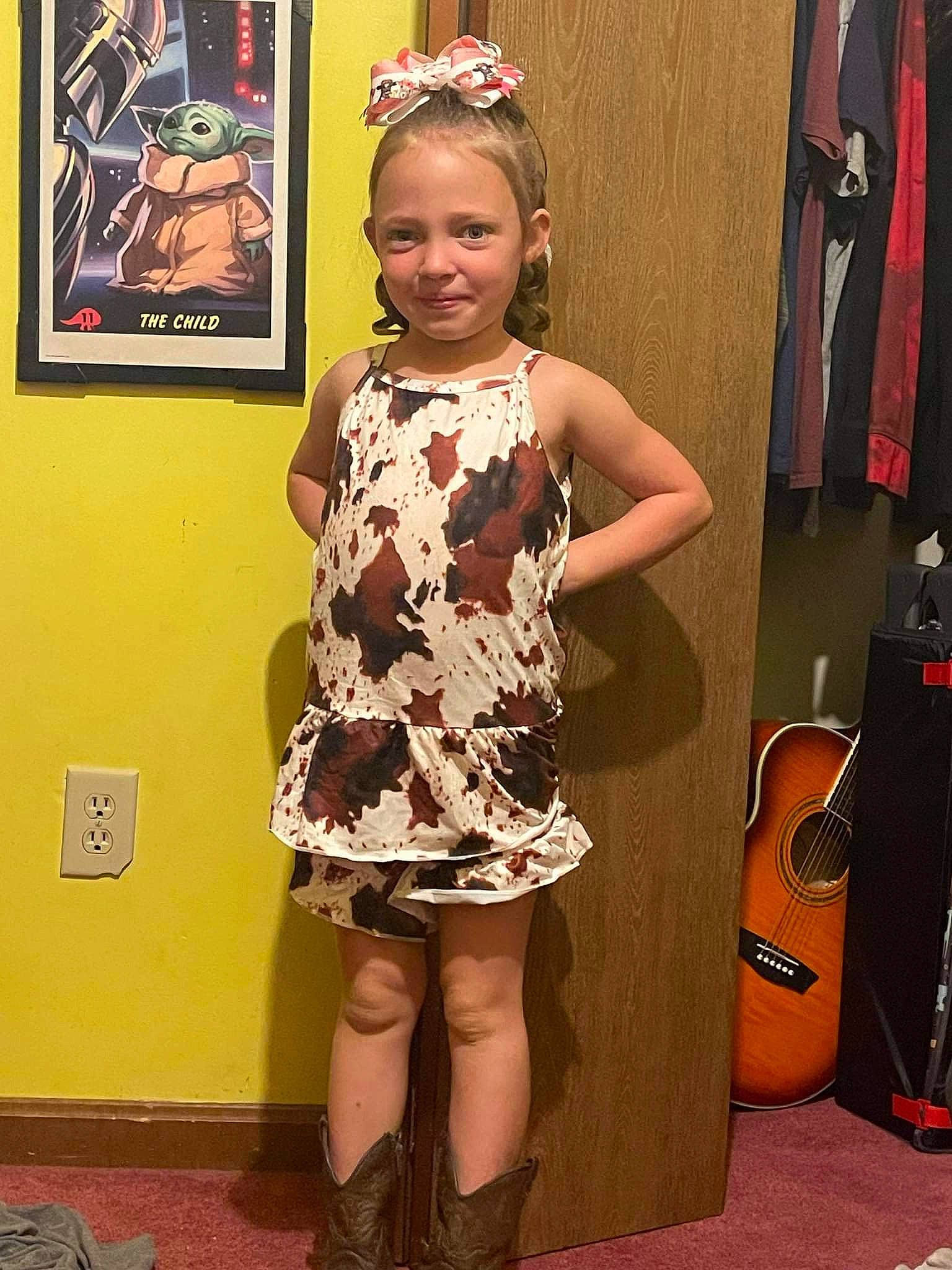 Maddalynn is registered to the contest to win money with this photo: dress, event, fashion_design, flooring, fun, guitar, hairstyle, happy, human_leg, joy, knee, musical_instrument, pattern, person, room, shoulder, sleeve, smile, standing, string_instrument