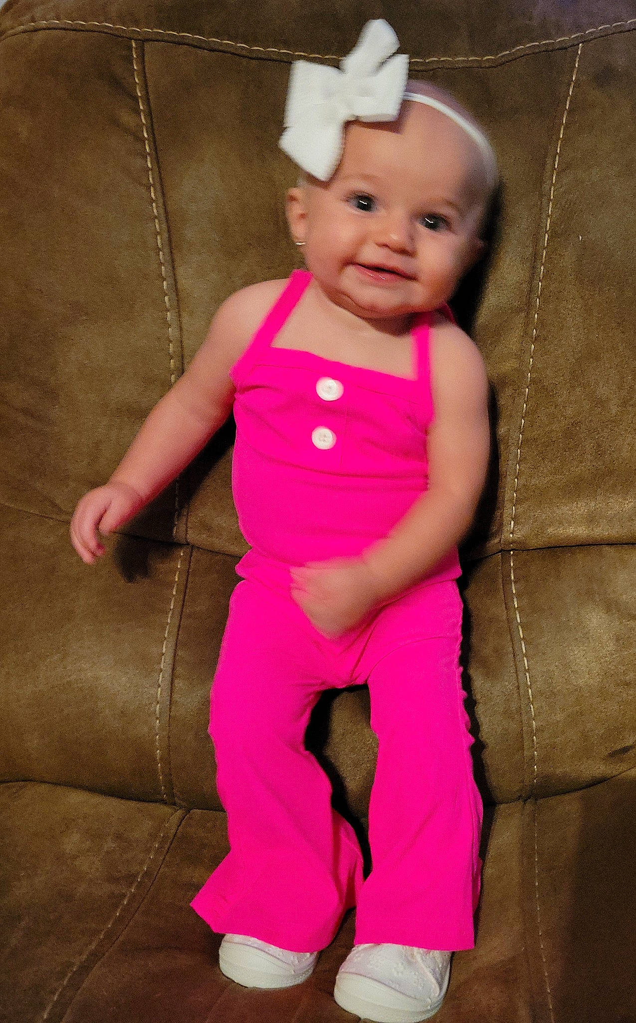 Isabel joined the competition — help win amazing prizes! baby, baby_products, baby_toddler_clothing, cheek, child, fashion_accessory, fun, gesture, happy, human_leg, joy, leg, magenta, person, pink, sitting, sleeve, smile, t_shirt, thigh