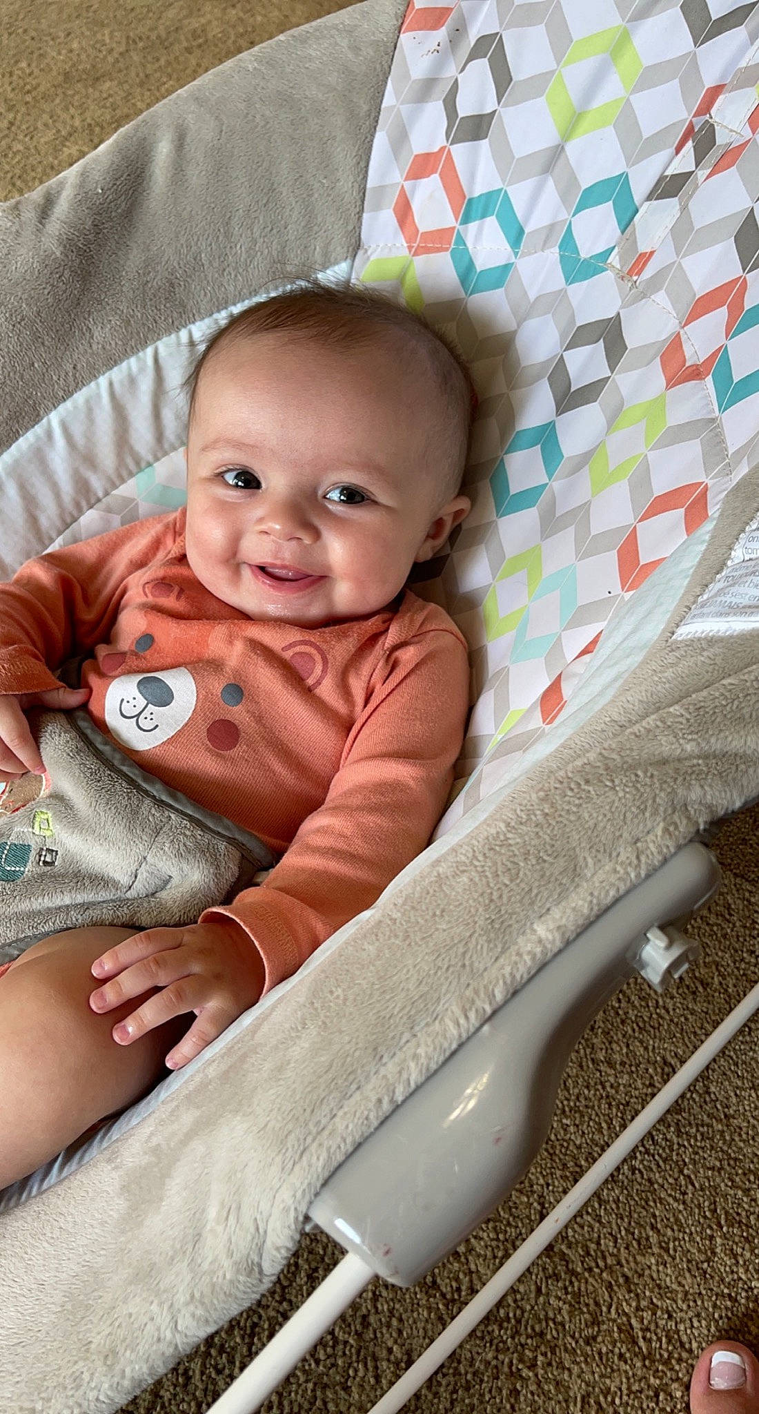 Evelyn joined the competition — help win amazing prizes! baby, baby_toddler_clothing, chair, cheek, child, comfort, couch, facial_expression, grass, hand, happy, iris, joy, linens, outerwear, person, product, sitting, skin, sleeve
