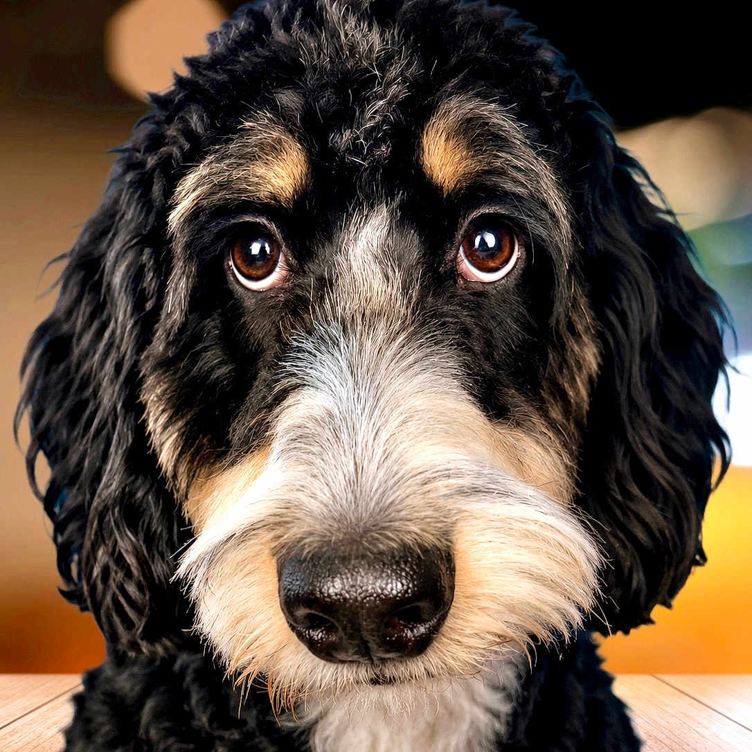 Missy is registered to the contest to win money with this photo: dog, close_up, portrait, brown_eyes, black_nose, curly_fur, fluffy, pet, animal, indoor, wooden_surface, soft_background, warm_colors, cute, mammal, face, looking_at_camera, fur, adorable, companion