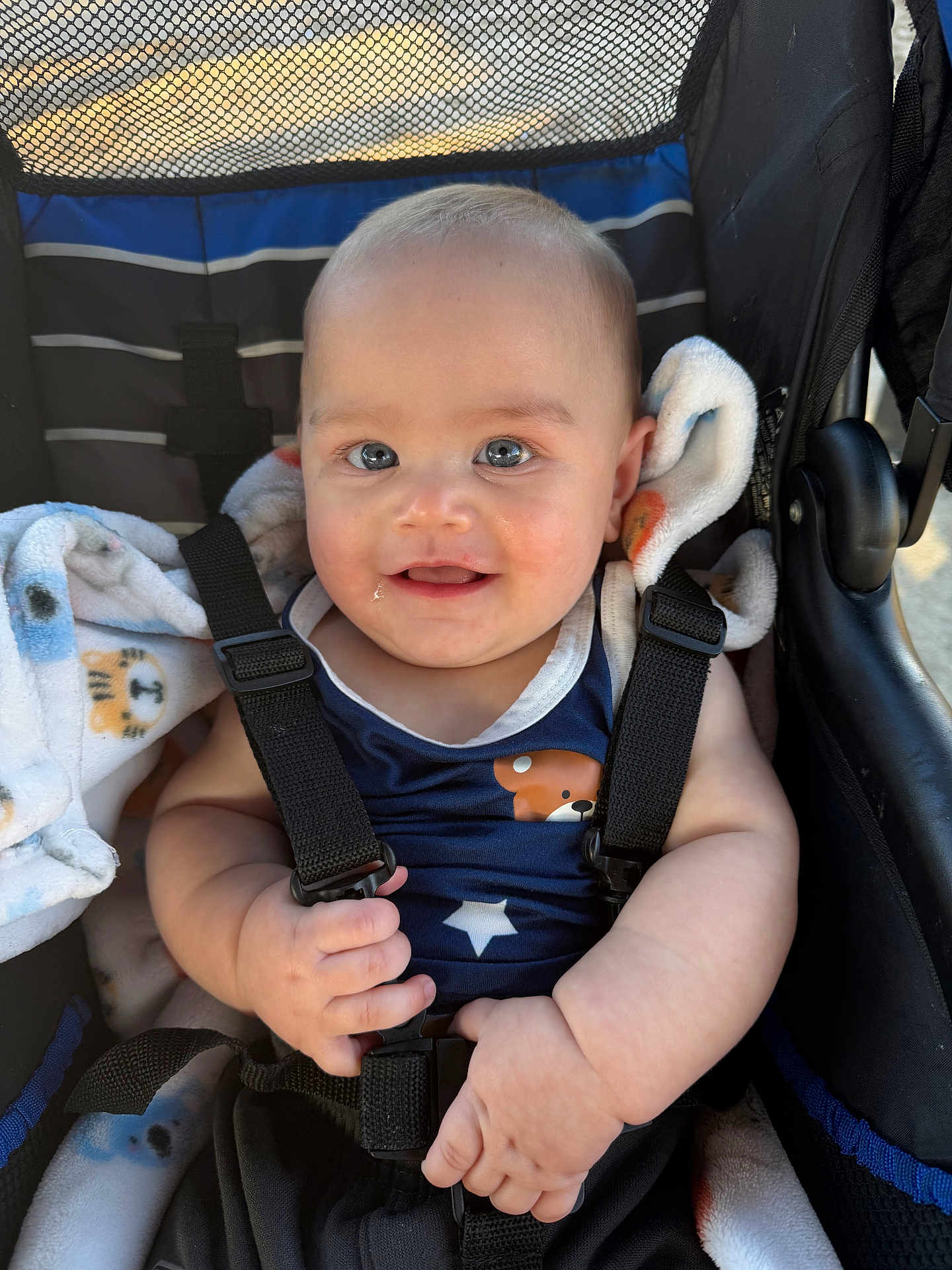 Jhosua is registered to the contest to win money with this photo: baby, infant, stroller, harness, blanket, smile, blue_eyes, chubby_cheeks, onesie, star_pattern, bear_print, hands, fingers, seat, straps, portrait, closeup, candid, sunlight, cute