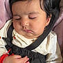 baby, sleeping, car_seat, child, infant, face, hair, clothing, blanket, hand, peaceful, cute, safety_strap, indoors, closeup, portrait, soft, skin, young_child, resting