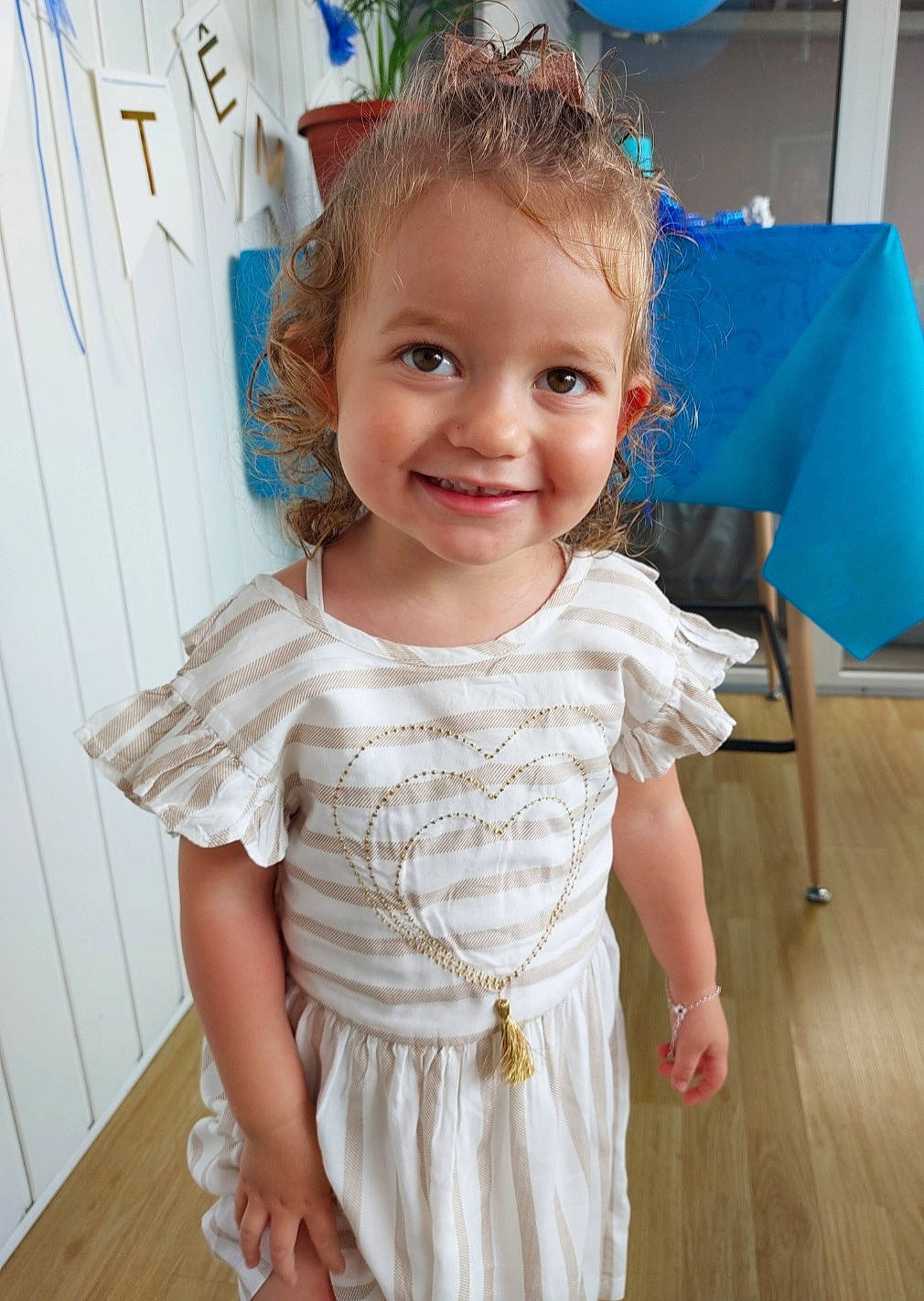 Anastasia participe au concours pour gagner de l'argent avec cette photo : baby_toddler_clothing, blue, child, day_dress, dress, event, face, flooring, fun, hair, happy, hardwood, iris, joy, person, pink, sleeve, smile, standing, toddler