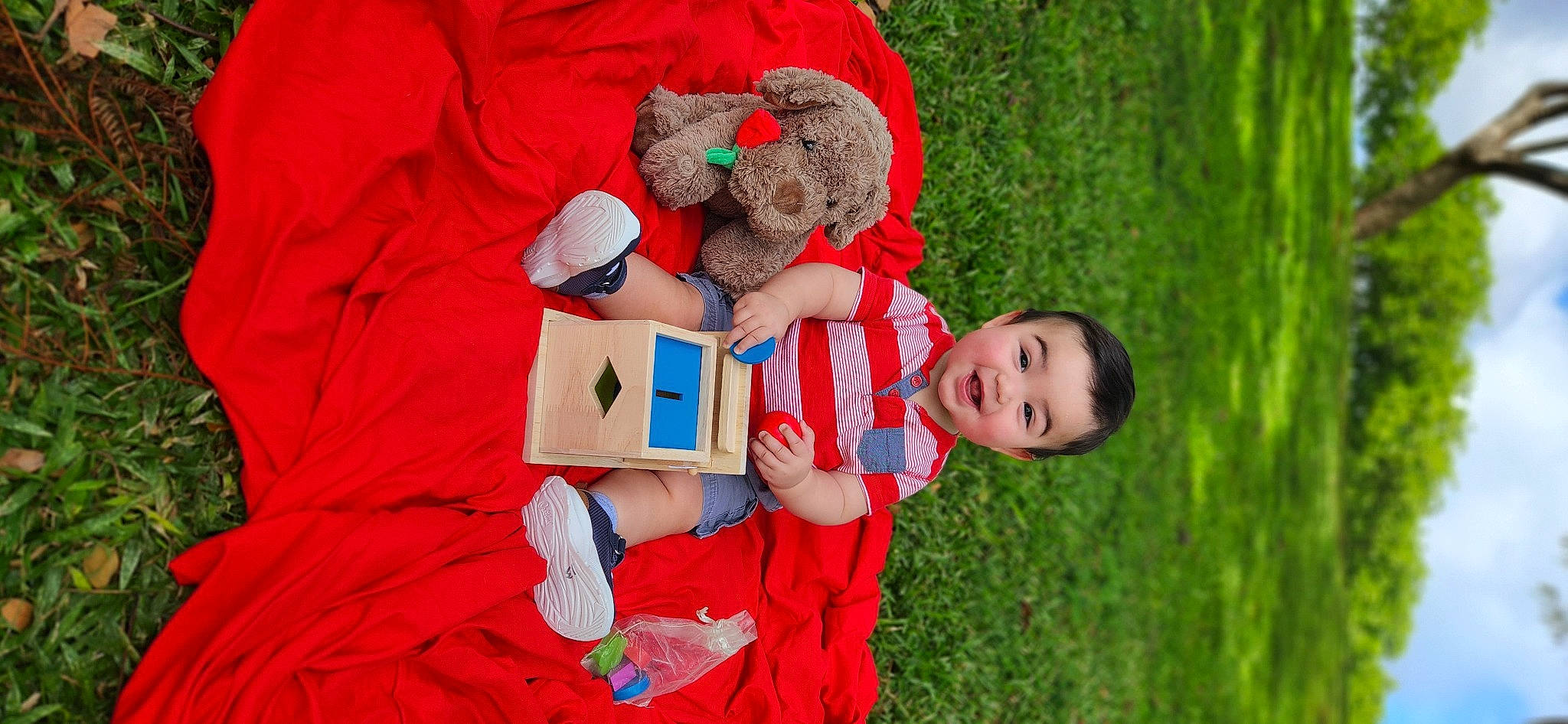 Jacob joined the competition — help win amazing prizes! carmine, child, event, fun, grass, happy, hat, holiday, human_body, leisure, people_in_nature, person, plant, recreation, red, stuffed_toy, sun_hat, t_shirt, toy, tree