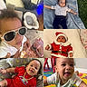 baby, infant, child, smile, sunglasses, red_clothing, santa_suit, bracelet, gold_chain, play_mat, blanket, grass, indoor, outdoor, happy, portrait, cute, toddler, person, collage