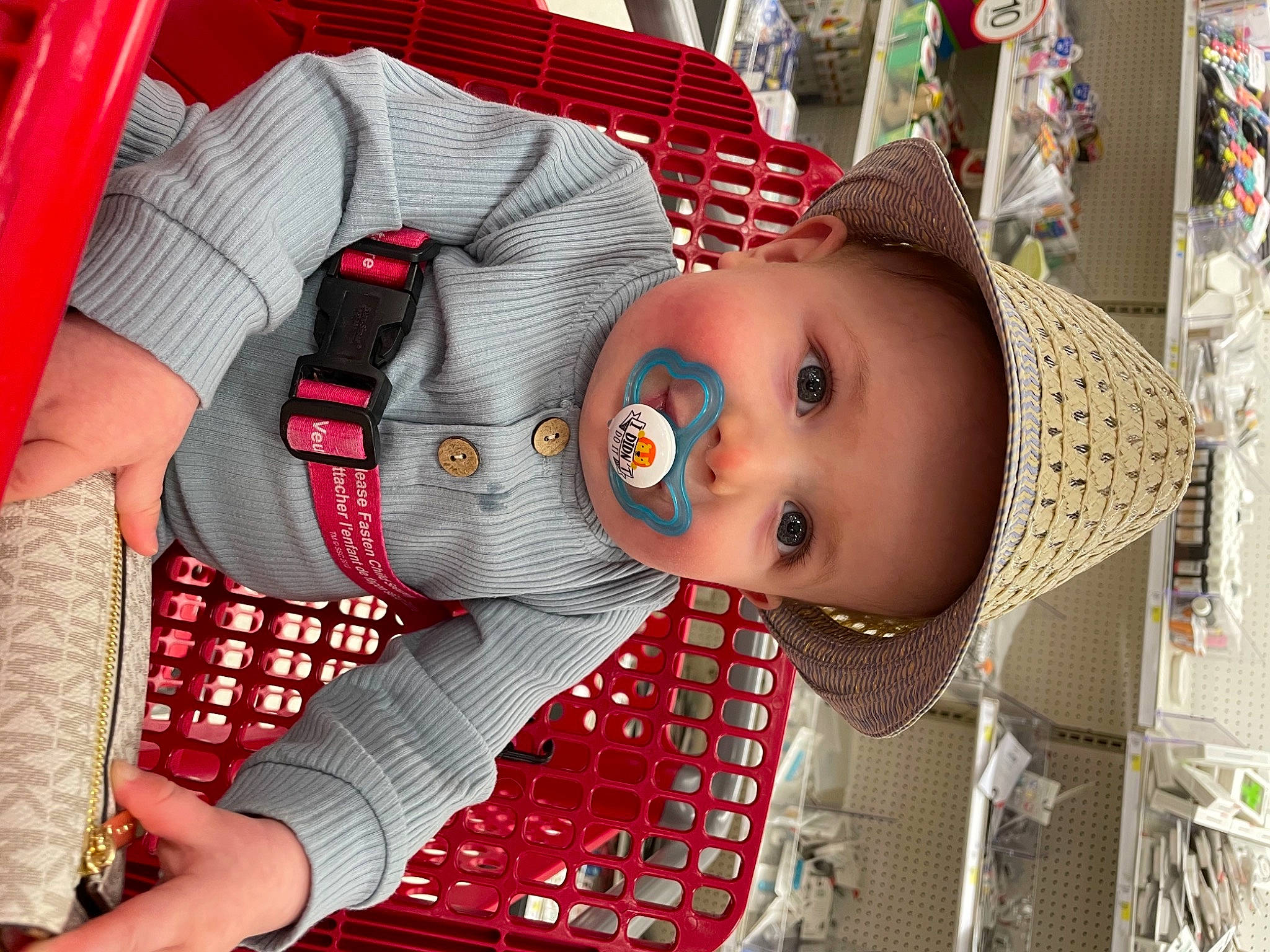 Mason is registered to the contest to win money with this photo: baby_products, cap, carmine, child, costume, doll, fashion, fun, hat, headwear, pattern, person, personal_protective_equipment, plaid, red, retail, room, sleeve, street_fashion, tartan