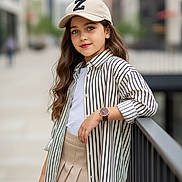 Rana Marzouq joined the competition — help win amazing prizes! child, girl, urban, street_style, cap, striped_shirt, pleated_skirt, watch, leaning, railing, confident, smiling, long_hair, casual, fashion, young, outdoor, daylight, portrait, city