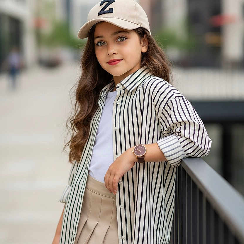 Rana Marzouq joined the competition — help win amazing prizes! cap, casual, child, city, confident, daylight, fashion, girl, leaning, long_hair, outdoor, pleated_skirt, portrait, railing, smiling, street_style, striped_shirt, urban, watch, young