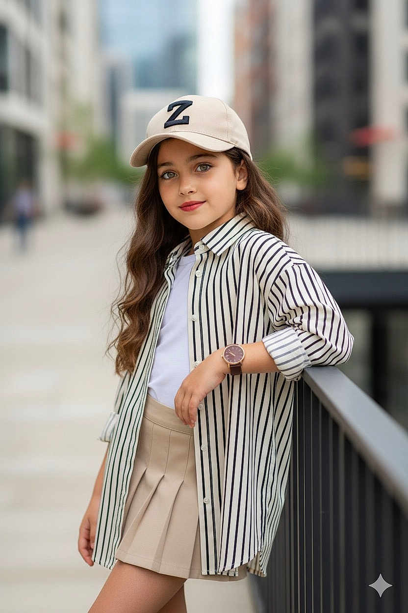 Rana Marzouq joined the competition — help win amazing prizes! child, girl, urban, street_style, cap, striped_shirt, pleated_skirt, watch, leaning, railing, confident, smiling, long_hair, casual, fashion, young, outdoor, daylight, portrait, city