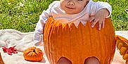 Arleth joined the competition — help win amazing prizes! baby, pumpkin, autumn, fall, leaves, blanket, outdoor, grass, cute, celebration, candle, number, orange, white_clothing, socks, headband, holiday, seasonal, nature, child