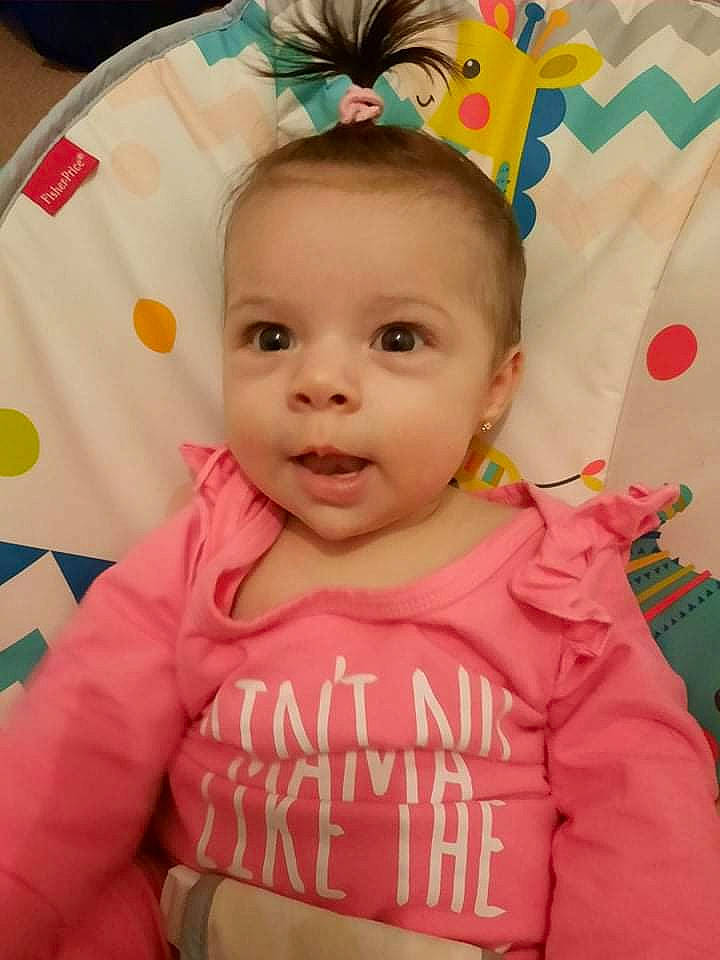 Evelyn Maria joined the competition — help win amazing prizes! baby, baby_toddler_clothing, cheek, chin, face, forehead, hairstyle, happy, head, headgear, iris, lip, nose, orange, person, pink, skin, sleeve, smile, textile