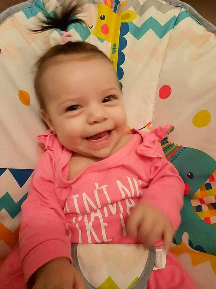 Evelyn Maria joined the competition — help win amazing prizes! baby, baby_toddler_clothing, cheek, eye, face, facial_expression, finger, fun, happy, joy, orange, organ, person, pink, product, skin, sleeve, smile, t_shirt, textile