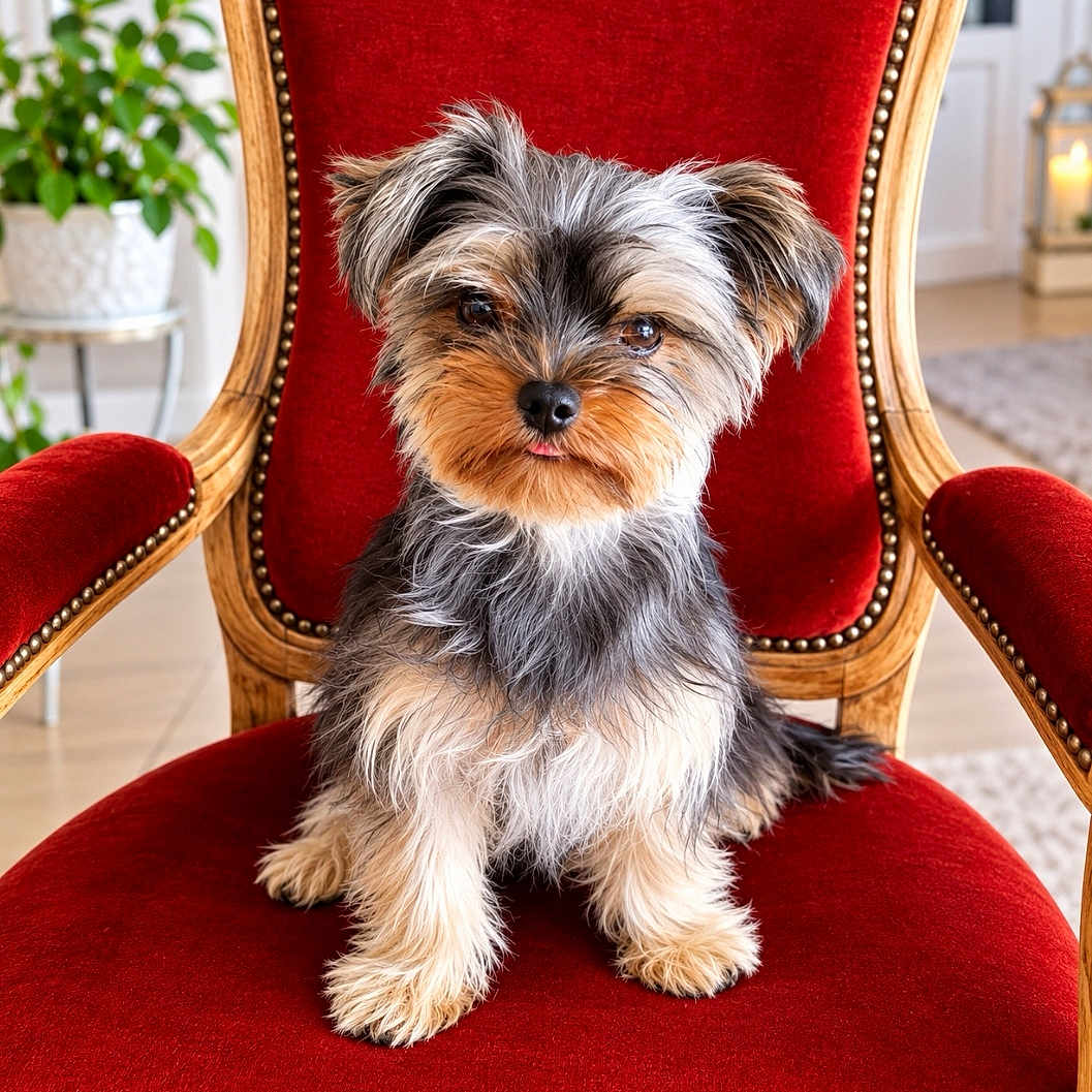 Billy a rejoint le concours — aidez-le/la à gagner de superbes lots ! dog, puppy, yorkshire_terrier, small_dog, fluffy, long_fur, tricolor, sitting, portrait, pet, animal, red_chair, velvet, throne, indoors, home, plant, furniture, royal, photography
