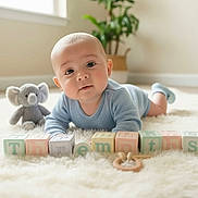 Ethan L is registered to the contest to win money with this photo: baby, infant, child, smiling, portrait, soft_light, wooden_blocks, toy_blocks, stuffed_elephant, plush_toy, onesie, blue_clothing, tummy_time, furry_rug, potted_plant, window_light, indoor, decor, cute, nursery