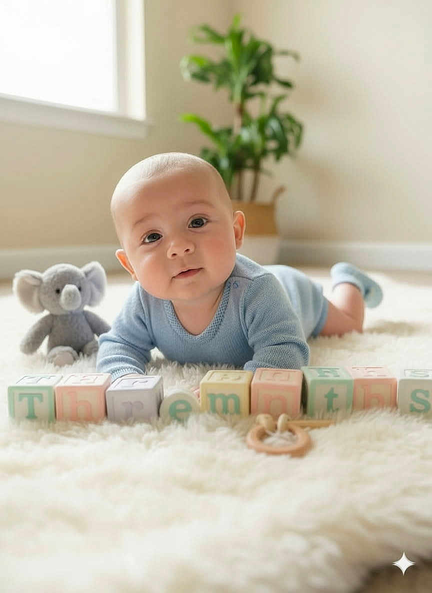 Ethan L is registered to the contest to win money with this photo: baby, infant, child, smiling, portrait, soft_light, wooden_blocks, toy_blocks, stuffed_elephant, plush_toy, onesie, blue_clothing, tummy_time, furry_rug, potted_plant, window_light, indoor, decor, cute, nursery