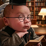 Ethan is registered to the contest to win money with this photo: baby, child, glasses, graduation_cap, book, library, tweed_jacket, reading, indoors, furniture, lamp, hand, face, portrait, cute, thoughtful, small_book, sitting, person, background_blur