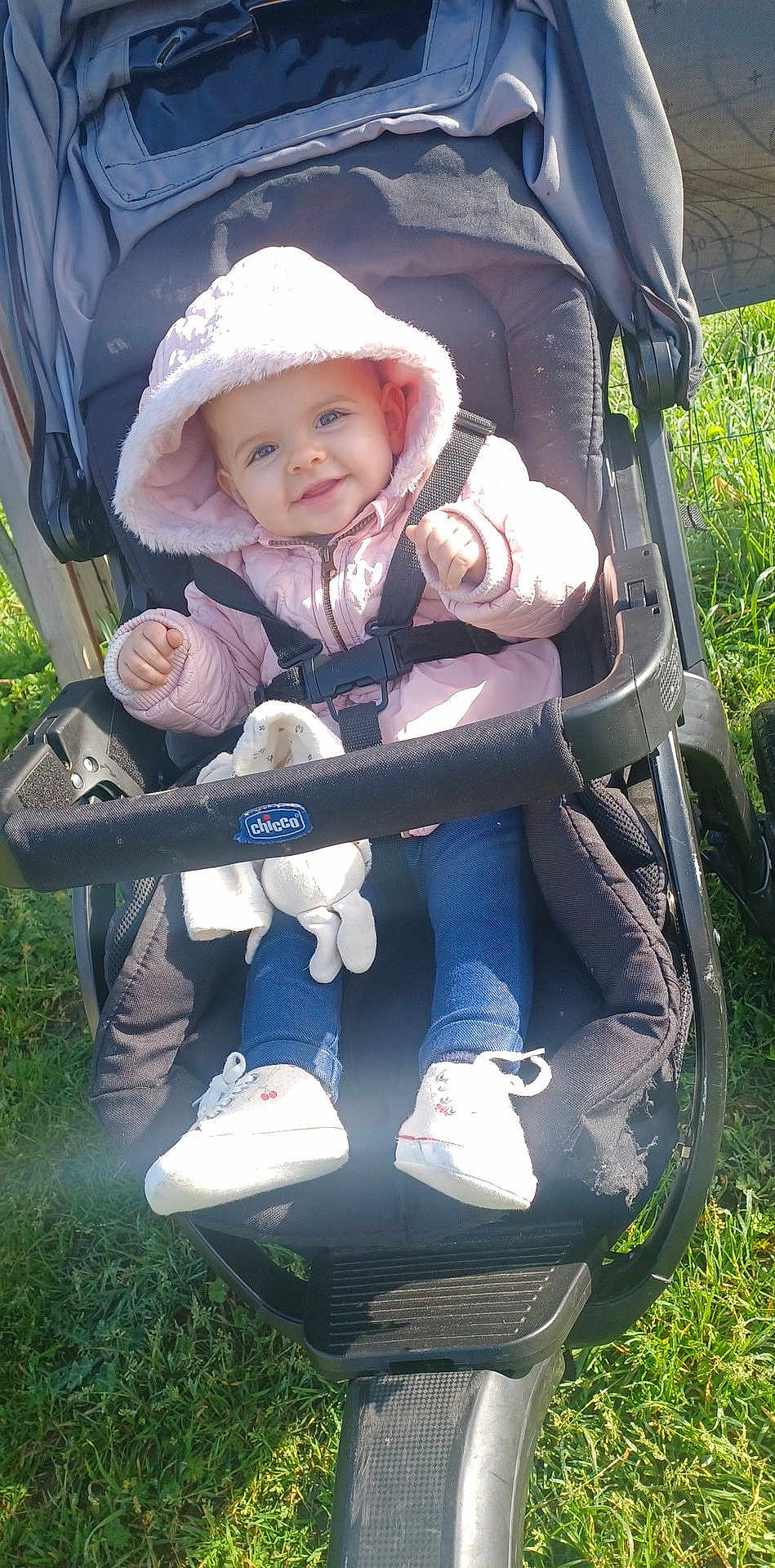 Sofia participe au concours pour gagner de l'argent avec cette photo : baby, infant, stroller, pram, hooded_jacket, pink_jacket, smiling, outdoors, grass, sunlight, toy, stuffed_animal, shoe, sneaker, harness, seatbelt, canopy, wheel, cute, portrait