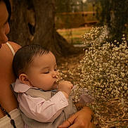 Cruz is registered to the contest to win money with this photo: baby, child, flower, bouquet, nature, outdoor, person, holding, tattoo, hand, clothing, suit, white_flower, closeup, portrait, peaceful, soft_light, tree, adult, skin