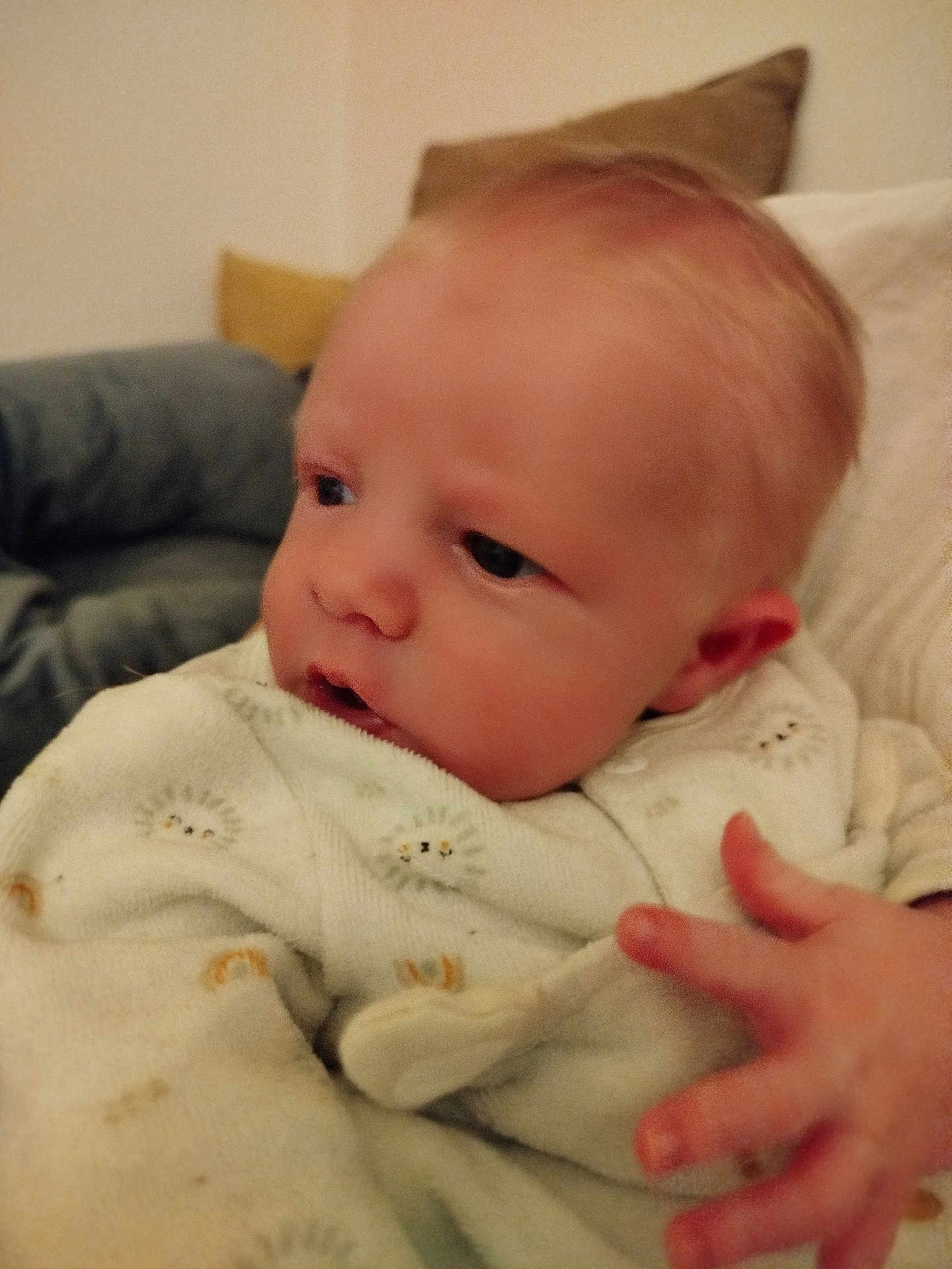 Ewen participe au concours pour gagner de l'argent avec cette photo : baby, infant, onesie, clothing, hand, face, indoor, portrait, cute, child, soft_lighting, expression, cozy, young, person, newborn, curious, skin, head, fingers
