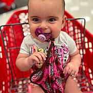 Kalani joined the competition — help win amazing prizes! baby, pacifier, shopping_cart, blanket, child, smiling, indoor, clothing, person, cute, infant, hand, seat, retail, store, toy, fabric, portrait, happy, young_child