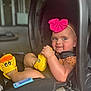 Kalani is registered to the contest to win money with this photo: baby, car_seat, pink_bow, yellow_shoes, duck_shoes, smile, child, infant, cute, cheeky, seatbelt, indoors, car_interior, plush_clothing, headband, happy, face, legs, hand, sitting