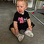 Summer is registered to the contest to win money with this photo: toddler, child, indoor, floor, black_clothing, white_sneakers, sitting, toys, curious, expression, person, young_child, home, casual, playtime, hair, face, blue_eyes, light, concrete_floor