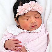 Saniha joined the competition — help win amazing prizes! newborn, baby, sleeping, portrait, flower_headband, pink_clothing, blanket, swaddled, peaceful, face, closed_eyes, indoors, soft_lighting, infant, hands, lace, floral, cute, cozy, photography