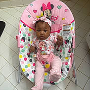 Ameri joined the competition — help win amazing prizes! baby, infant, child, portrait, sitting, bouncer, baby_seat, minnie_mouse, pink_clothing, headband, bow, polka_dots, smiling, indoor, tiled_floor, playful, colorful, family, baby_toy, photography
