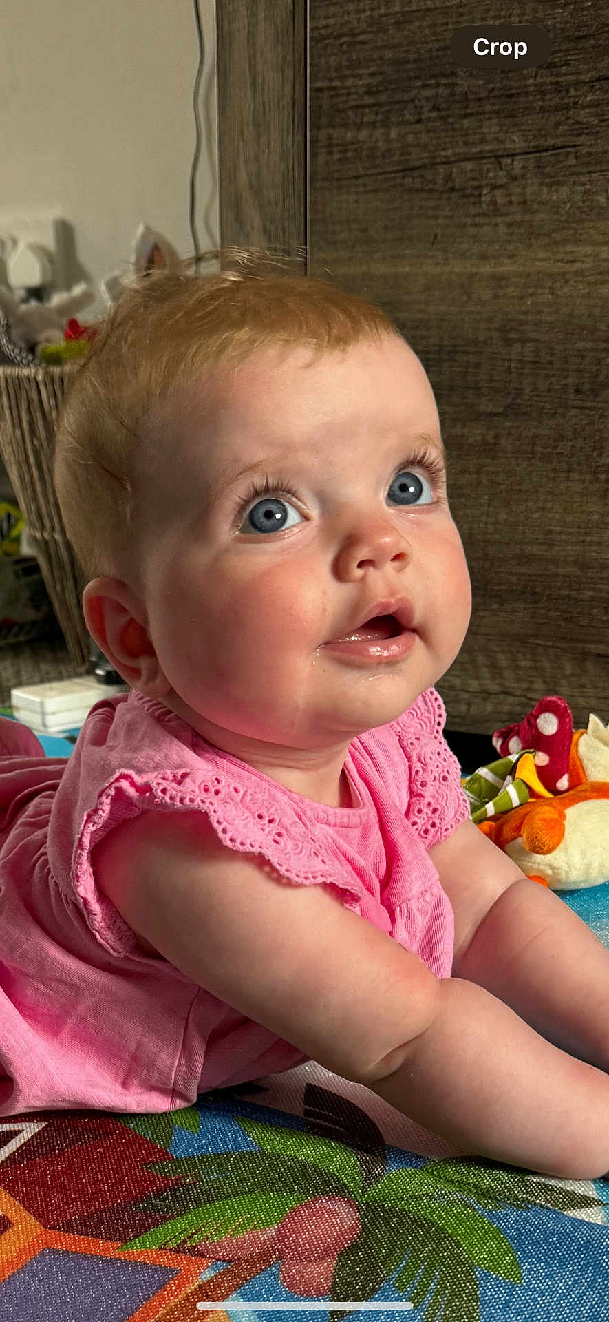 Daisy-Mai joined the competition — help win amazing prizes! baby, child, pink_dress, blue_eyes, drool, playmat, soft_toys, indoor, curious, infant, cute, face, portrait, person, baby_girl, floor, colorful, expression, mouisture, young