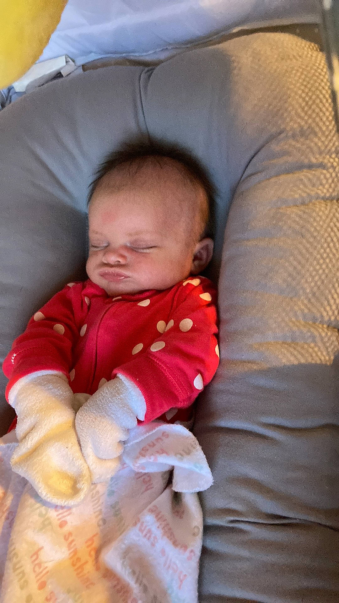 Lylah is registered to the contest to win money with this photo: baby, baby_products, baby_sleeping, baby_toddler_clothing, chair, cheek, child, comfort, couch, eye, iris, lap, linens, mouth, nose, person, room, sitting, skin, sleeve