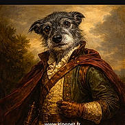 Oz a rejoint le concours — aidez-le/la à gagner de superbes lots ! dog, portrait, costume, historical_clothing, cape, ruffled_shirt, oil_painting_style, aristocratic, animal_portrait, canine, noble, vintage_style, brown, green, gloves, artistic, background, classic, regal, humor