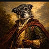 dog, portrait, costume, historical_clothing, cape, ruffled_shirt, oil_painting_style, aristocratic, animal_portrait, canine, noble, vintage_style, brown, green, gloves, artistic, background, classic, regal, humor